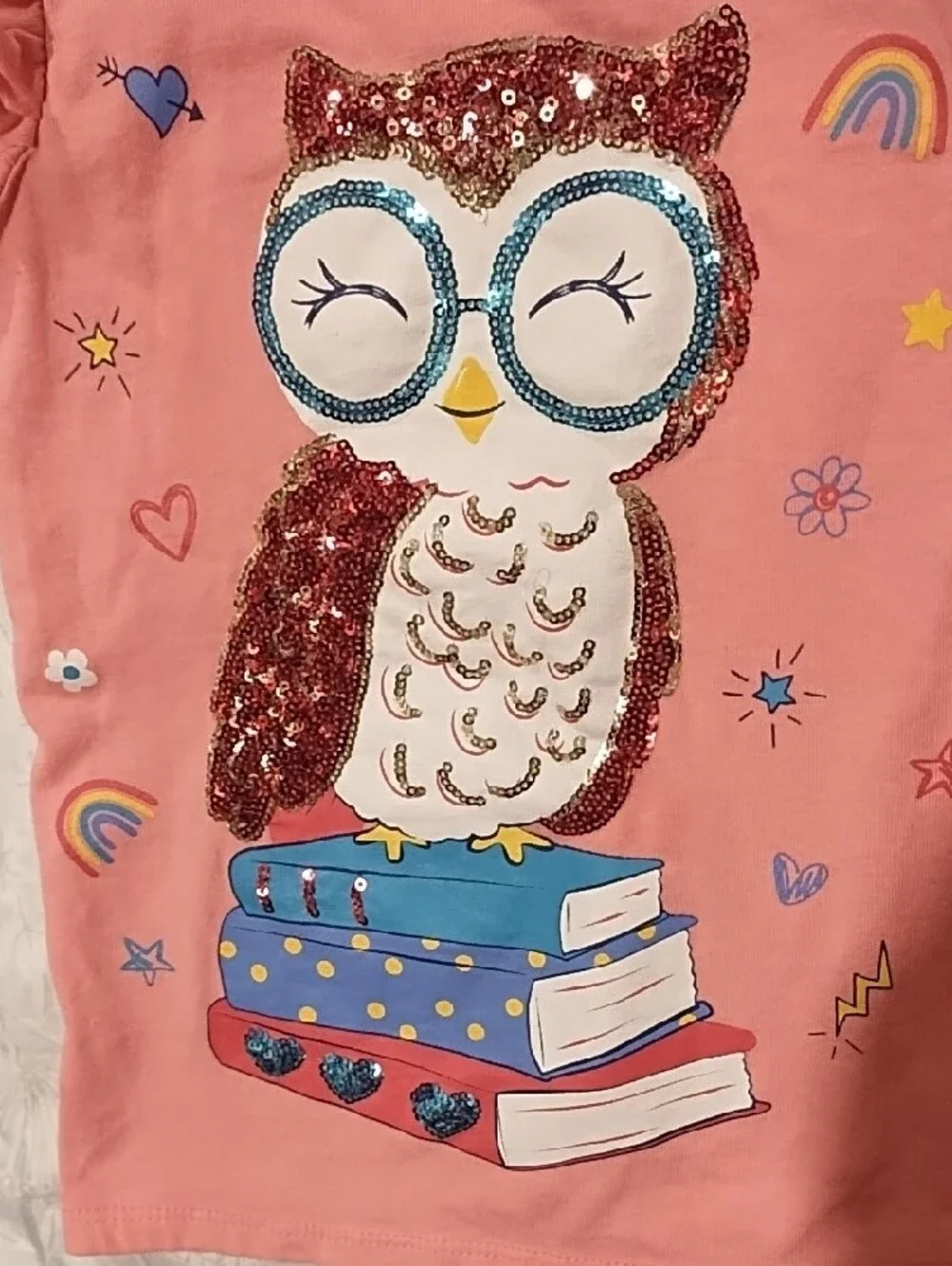💥3/$5 Sale Cynthia Howie Pink Sequin Owl Ruffle Sleeve Tee EUC Size 4. So Cute.